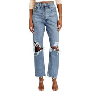 AGOLDE Riley High Rise Distressed Jeans Light Wash Ripped Knee Denim Size 28‎